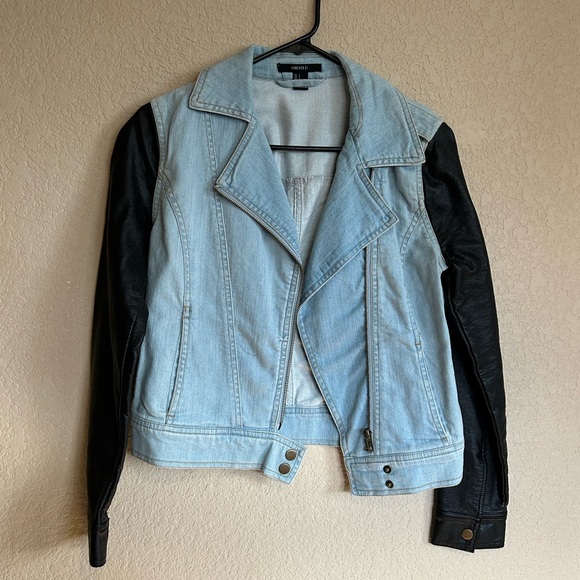 Light Blue Jean Jacket with Faux Leather Sleeves, Size Small - Picture 6 of 11